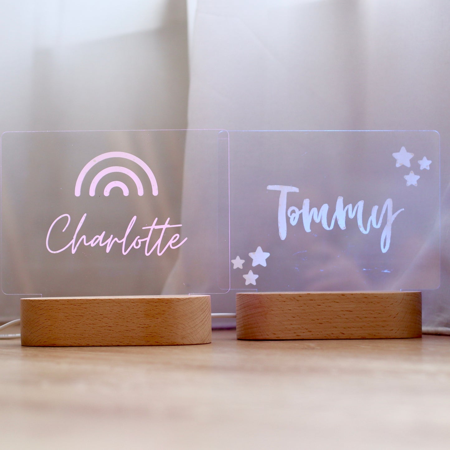 Personalised LED Night Light (Natural White) with a wooden base and personalised acrylic plate