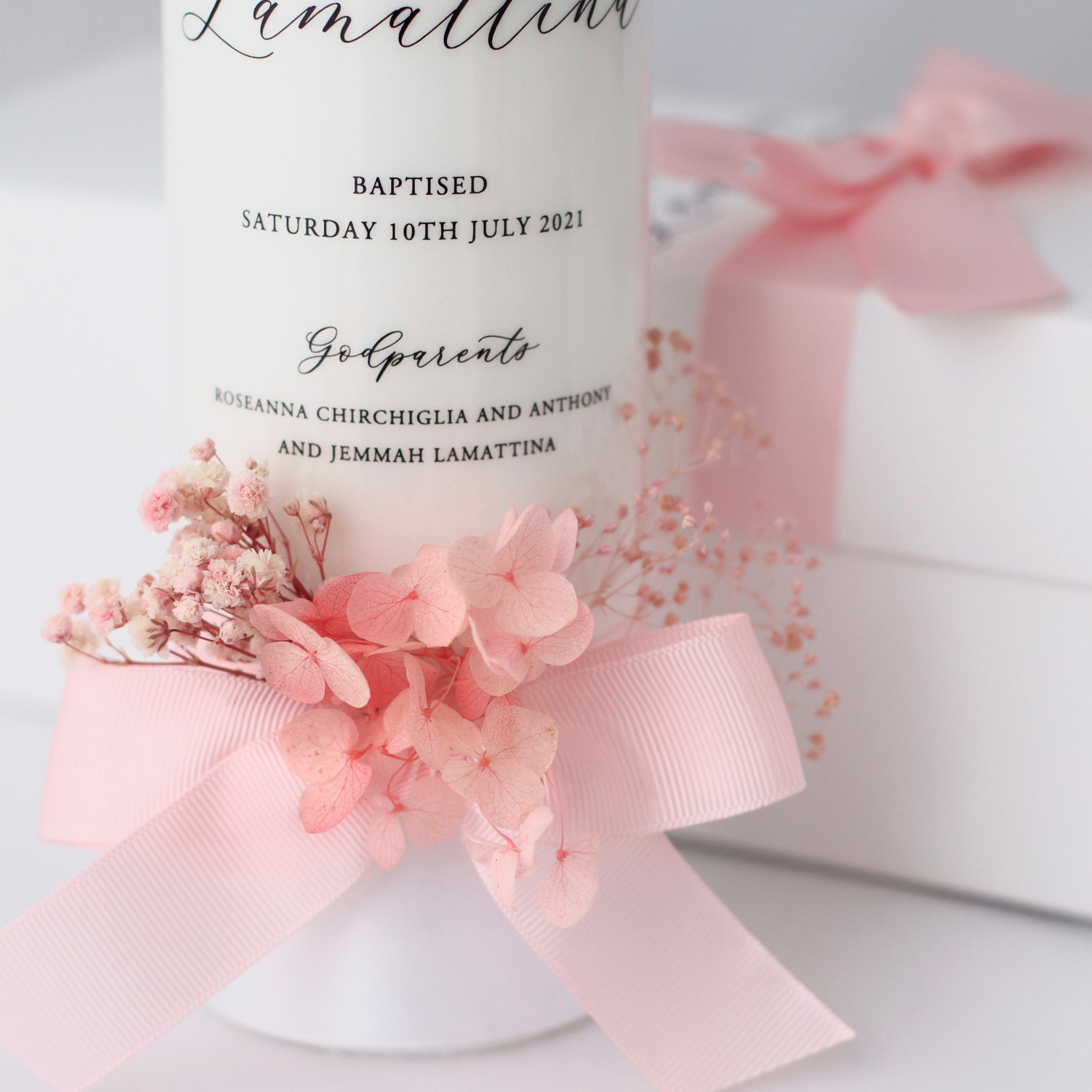 Preserved Floral & Ribbon Baptism Candle - candle comes with an optional personalised display box, made to match the candle