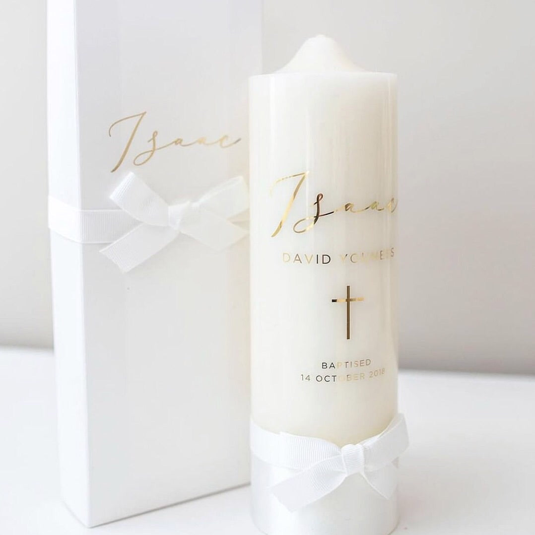 Printed Cross Candle - The candle comes with a personalised display box, made to match the candle. 