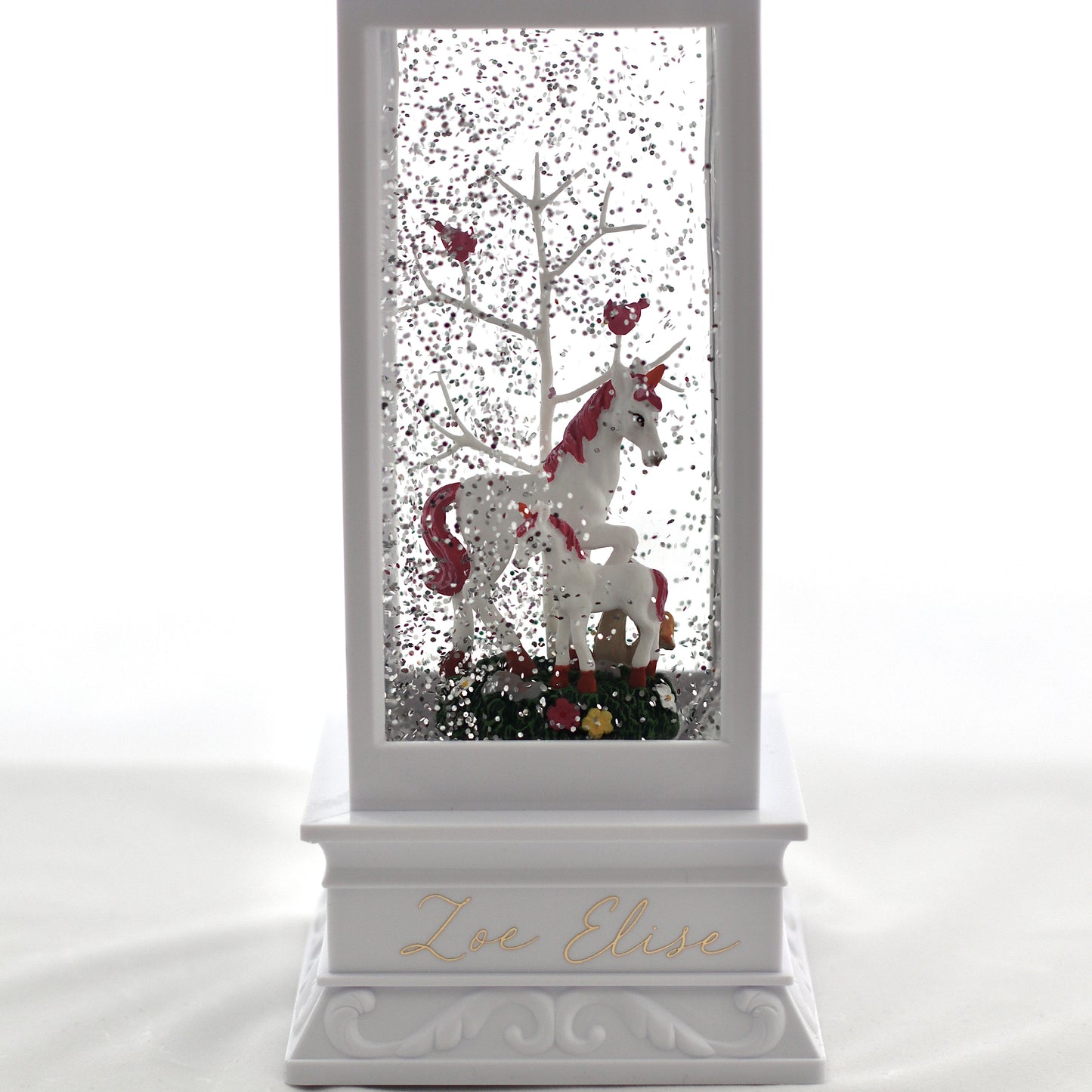Our Night light Lantern is a beautiful collectable lantern that lights up, with the figurine surrounded by glitter floating glitter while on.