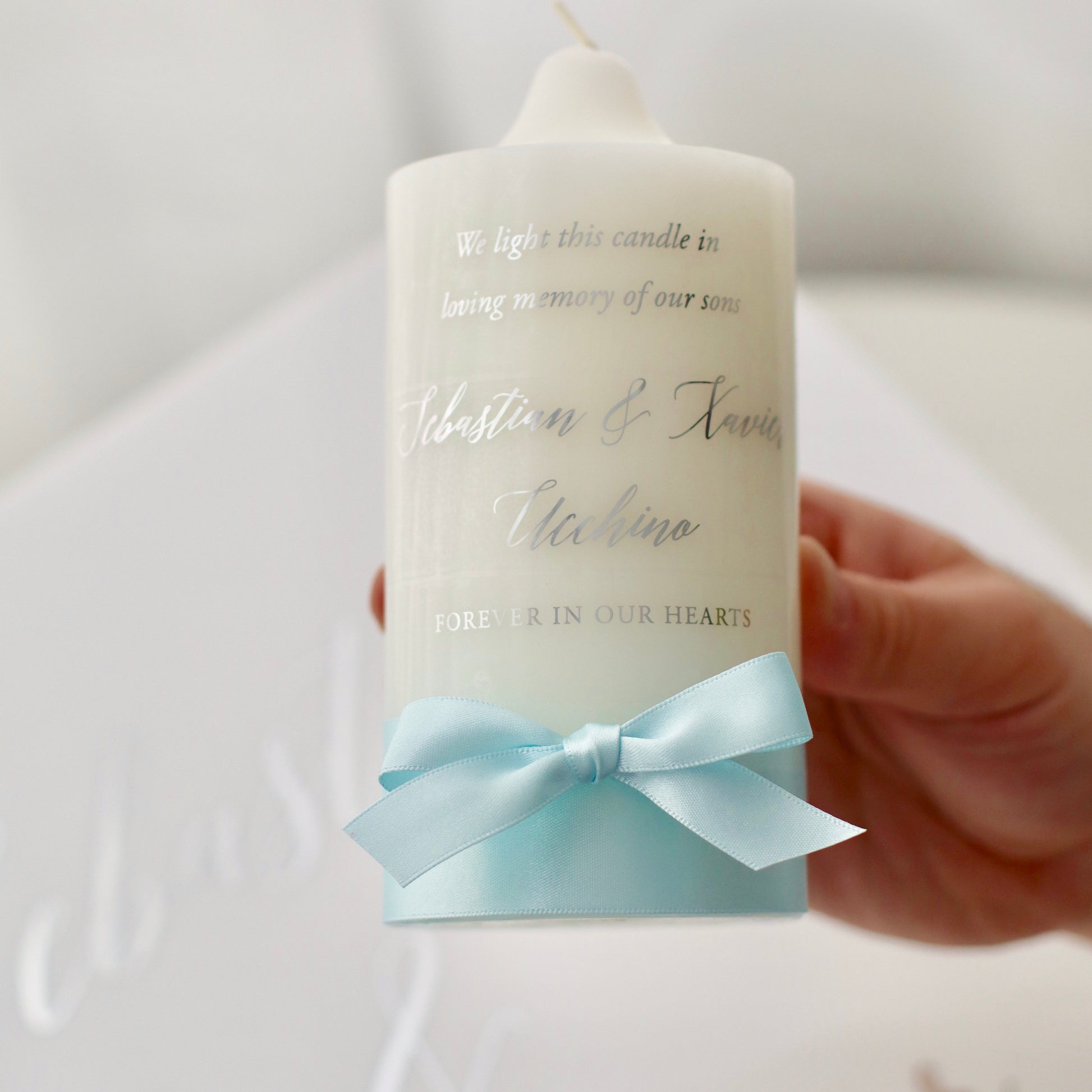 Our Memory Candle comes wrapped in a clear plastic with ribbon, made to match the candle.