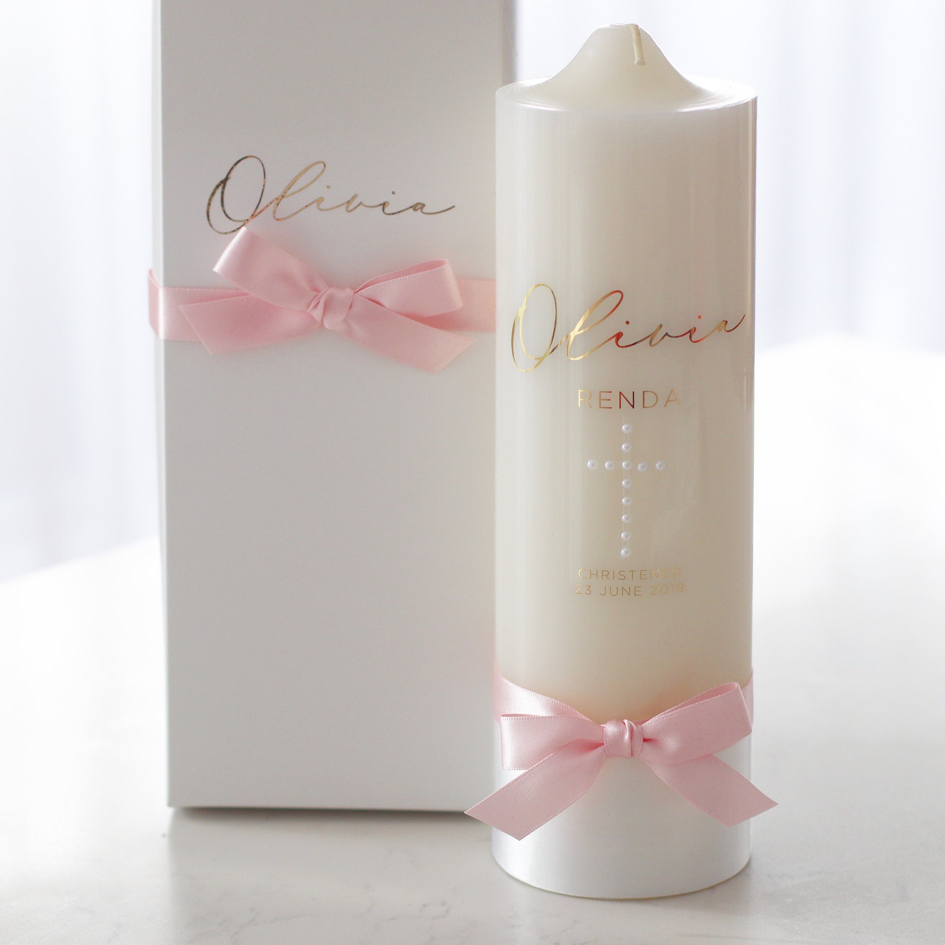 Baptism Candle with Pearl Cross - This baptism candle has no cross comes with an optional personalised display box, made to match the candle.