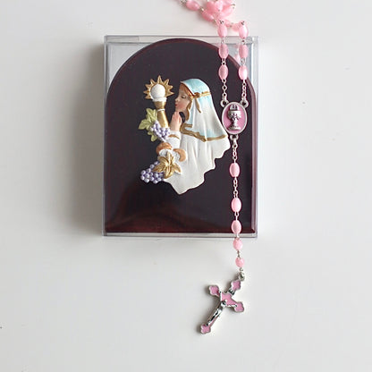 Our Gold Rosary with teardrop beads matched with our communion icon, perfect as a gift for a communion. 