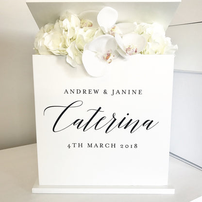 White personalised wooden wishing well box to hold all the well wishes and cards at your wedding.