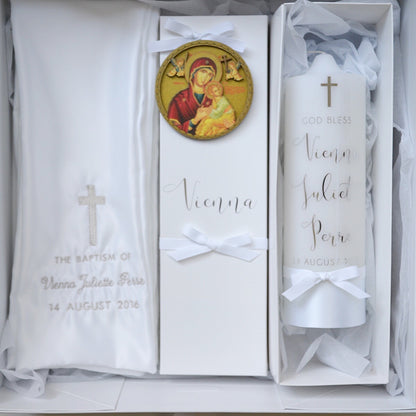 This Classic Catholic Package comes with your choice of White Extra Large Box, Clear Extra Large Acrylic Box or No Box. + 1 Embroidered Stole + 1 Baptism Candle