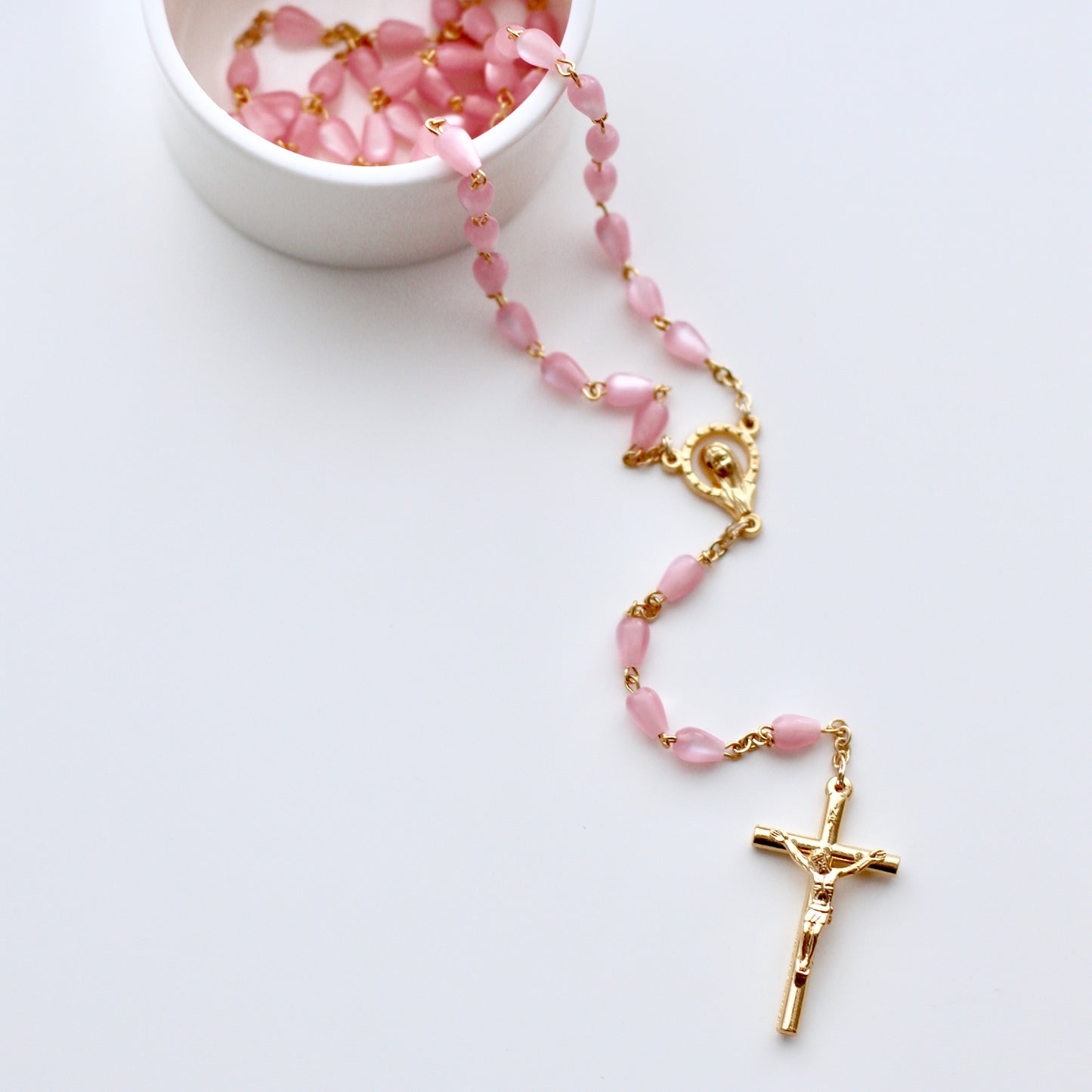 Teardrop Rosary w/ Gold Hardware - Imitation Teardrop Pearl and Gold Chain.