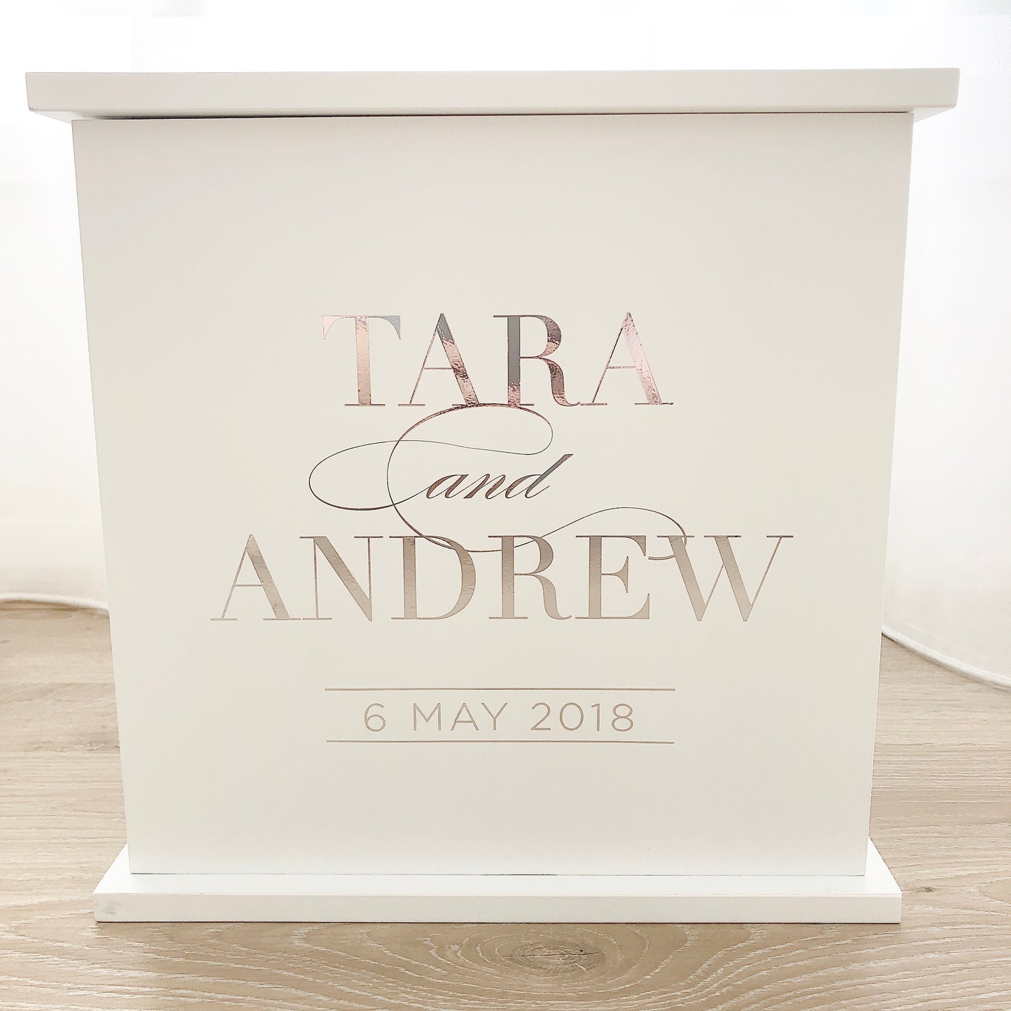 White personalised wooden wishing well box to hold all the well wishes and cards at your wedding.