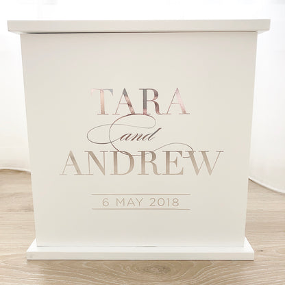 White personalised wooden wishing well box to hold all the well wishes and cards at your wedding.