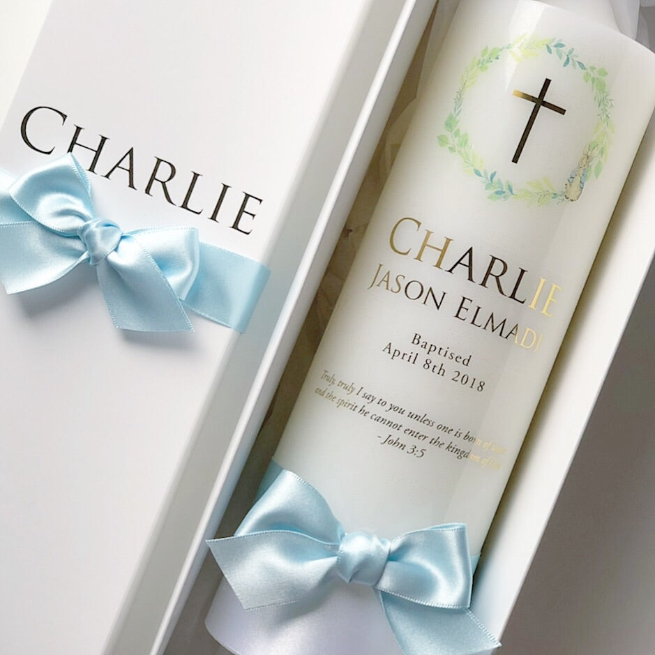 Printed Cross Candle - The candle comes with a personalised display box, made to match the candle. 