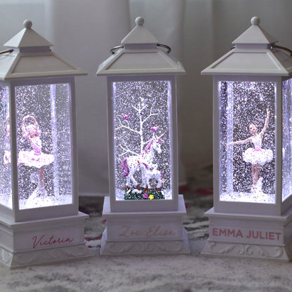 Our Night light Lantern is a beautiful collectable lantern that lights up, with the figurine surrounded by glitter floating glitter while on.