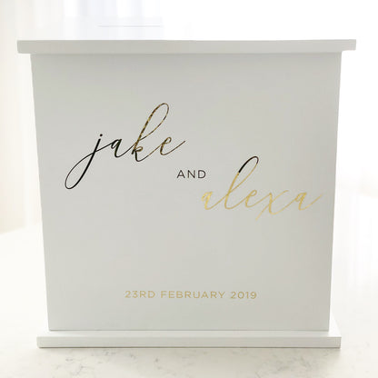 White personalised wooden wishing well box to hold all the well wishes and cards at your wedding.