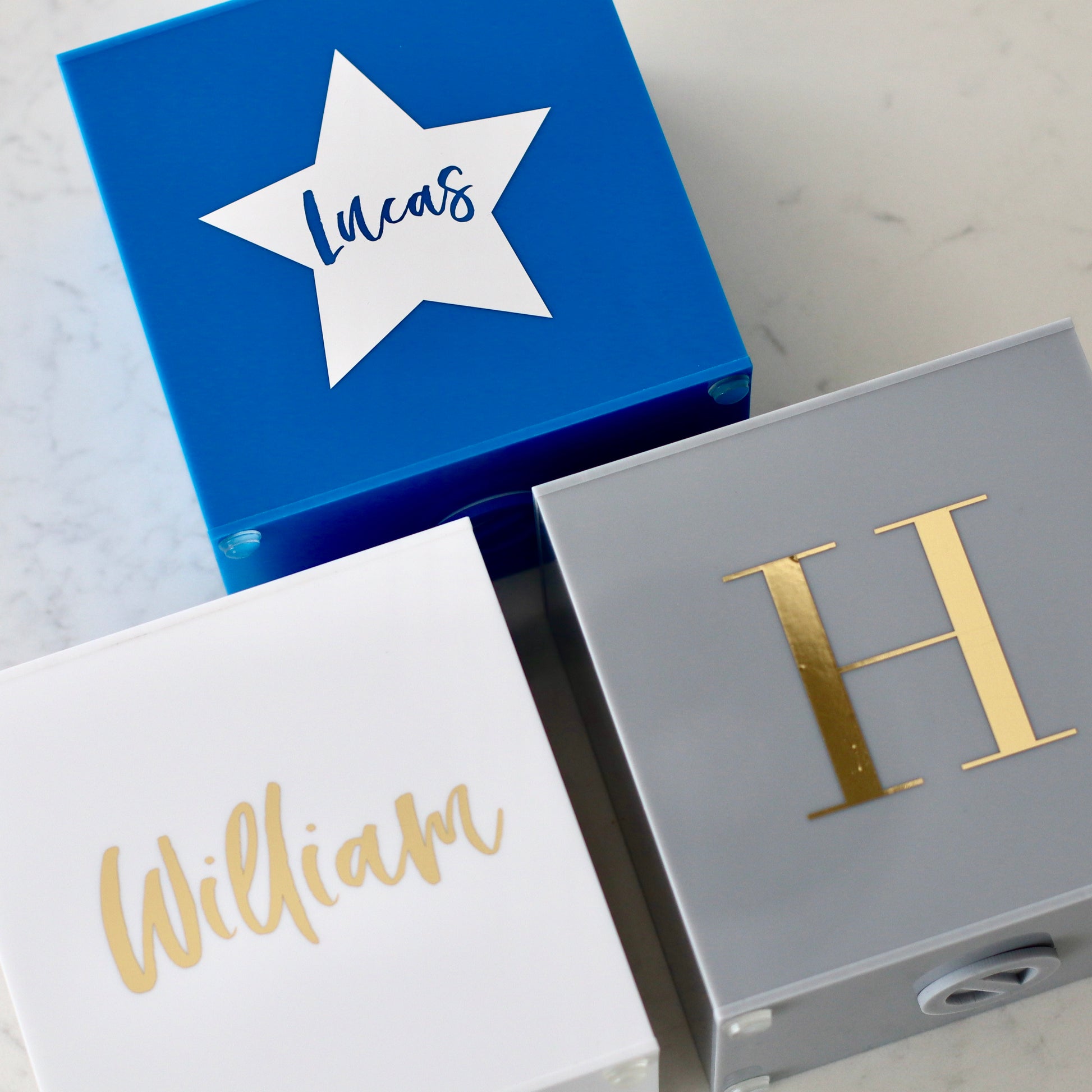 Acrylic Personalised Money Box comes in White, Blush, Grey, Blue & Magenta